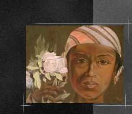 Painting of a man holding a pink flower